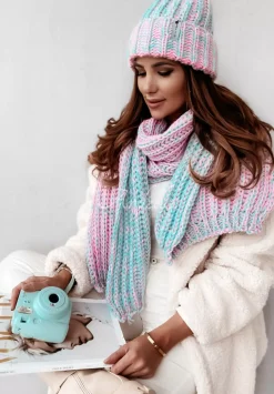 Dzianinowy Szal Snowflake Mietowo-Rozowy