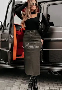 Jeansowa Spodnica Midi Feeling Connection Khaki
