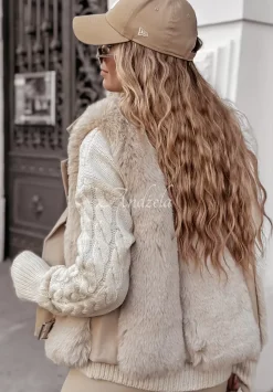 Kamizelka Z Imitacji Skory Z Futerkiem So Chic Bezowa