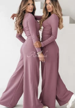 Komplet Prazkowana Bluzka I Spodnie Wide Leg Don'T Stop Brudny Roz
