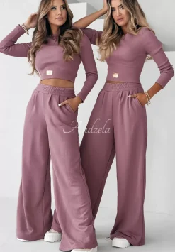 Komplet Prazkowana Bluzka I Spodnie Wide Leg Don'T Stop Brudny Roz