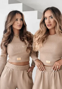 Komplet Prazkowana Bluzka I Spodnie Wide Leg Don'T Stop Camelowy