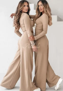 Komplet Prazkowana Bluzka I Spodnie Wide Leg Don'T Stop Camelowy