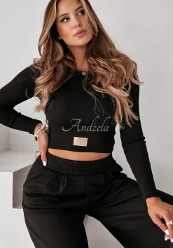 Komplet Prazkowana Bluzka I Spodnie Wide Leg Don'T Stop Czarny