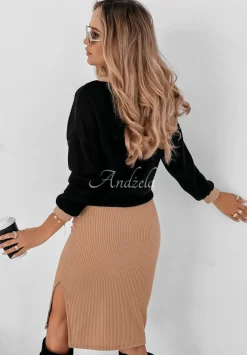 Komplet Prazkowana Sukienka I Sweter Autumn Feelings Camelowy