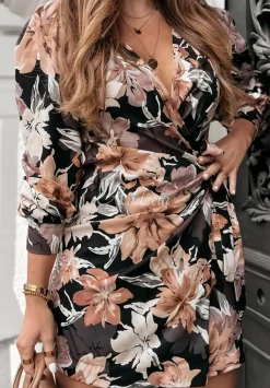 Kopertowa Sukienka W Kwiaty Magnolia Mirage Czarno-Bezowa