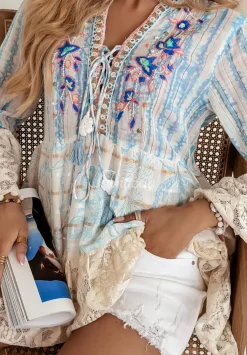 Koronkowa Bluzka Z Haftami Boho Hey Vacay Blekitna