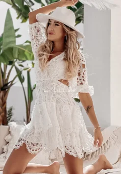 Koronkowa Sukienka Z Falbankami Boho Marbella Ecru