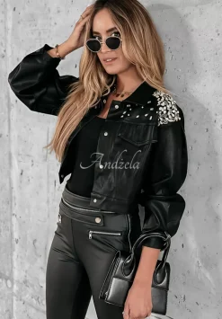Krotka Kurtka Z Imitacji Skory Z Krysztalkami Diamond Girl Czarna
