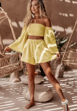 Krotka Muslinowa Bluzka Hiszpanka Aloha Beaches Bananowa