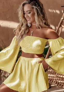 Krotka Muslinowa Bluzka Hiszpanka Aloha Beaches Bananowa