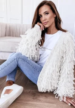 Krotki Kardigan Z Fredzlami Fringe Bezowy