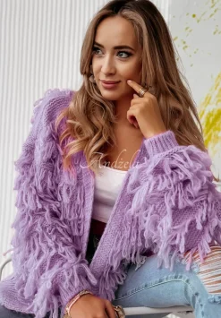 Krotki Kardigan Z Fredzlami Fringe Liliowy