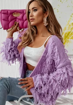 Krotki Kardigan Z Fredzlami Fringe Liliowy
