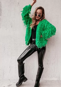 Krotki Kardigan Z Fredzlami Fringe Zielony
