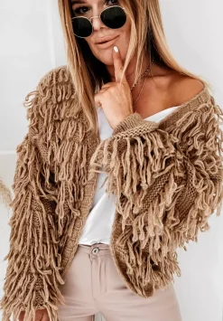 Krotki Kardigan Z Fredzlami Fringe Camelowy
