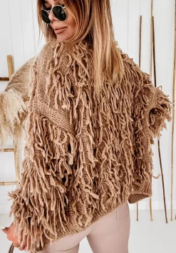 Krotki Kardigan Z Fredzlami Fringe Camelowy