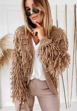 Krotki Kardigan Z Fredzlami Fringe Camelowy