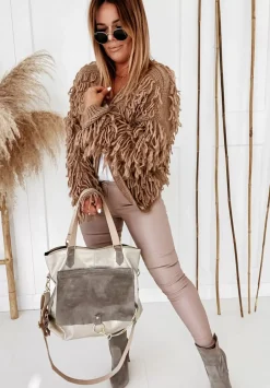 Krotki Kardigan Z Fredzlami Fringe Camelowy