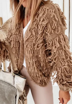 Krotki Kardigan Z Fredzlami Fringe Camelowy