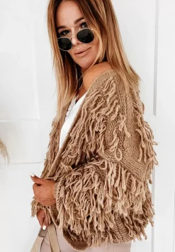 Krotki Kardigan Z Fredzlami Fringe Camelowy