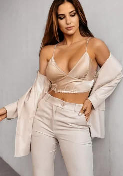 Krotki Satynowy Top Na Zdobionych Ramiaczkach Glam Goddess Bezowy