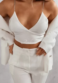 Krotki Satynowy Top Na Zdobionych Ramiaczkach Glam Goddess Ecru