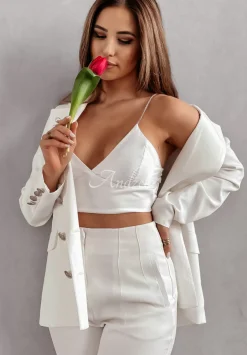 Krotki Satynowy Top Na Zdobionych Ramiaczkach Glam Goddess Ecru