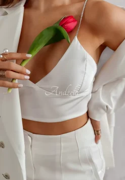 Krotki Satynowy Top Na Zdobionych Ramiaczkach Glam Goddess Ecru