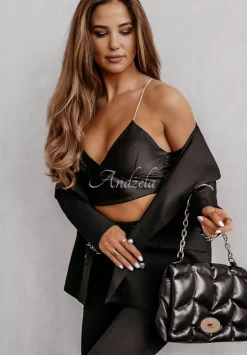 Krotki Satynowy Top Na Zdobionych Ramiaczkach Glam Goddess Czarny