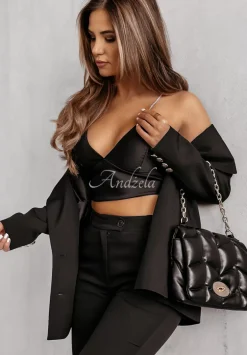 Krotki Satynowy Top Na Zdobionych Ramiaczkach Glam Goddess Czarny
