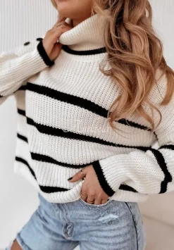 Krotki Sweter Oversize W Paski Z Golfem Ignacio Ecru