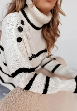 Krotki Sweter Oversize W Paski Z Golfem Ignacio Ecru