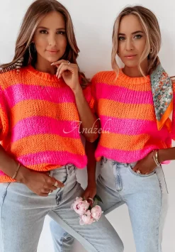 Krotki Sweter W Paski Romney Rozowo-Pomaranczowy