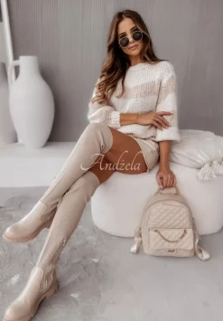 Krotki Sweter W Paski Verso Bezowy