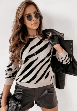 Krotki Sweter W Zebre Ivana Bezowy