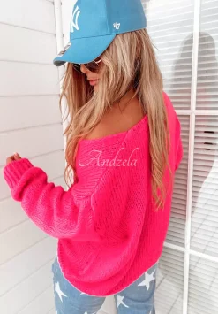 Krotki Sweter Z Dekoltem Stratford Neonowy Rozowy