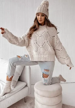 Krotki Sweter Z Ozdobnym Splotem Cocomore Dero Bezowy