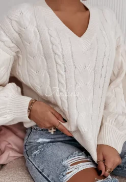 Krotki Sweter Z Ozdobnym Splotem Braidy Ecru