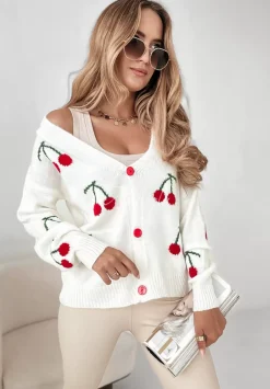 Krotki Zapinany Kardigan We Wzory Cherries Ecru