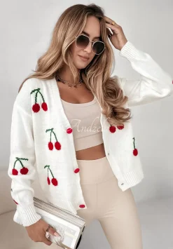 Krotki Zapinany Kardigan We Wzory Cherries Ecru