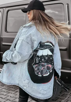 Kurtka Jeansowa Z Przetarciami I Nadrukiem Astro Lips Jasnoniebieska