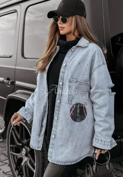 Kurtka Jeansowa Z Przetarciami I Nadrukiem Astro Lips Jasnoniebieska