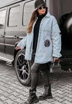 Kurtka Jeansowa Z Przetarciami I Nadrukiem Astro Lips Jasnoniebieska