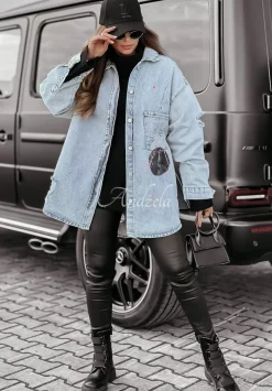 Kurtka Jeansowa Z Przetarciami I Nadrukiem Astro Lips Jasnoniebieska