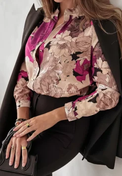 Kwiecista Koszula Ze Stojka Floral Designs Bezowo-Rozowa
