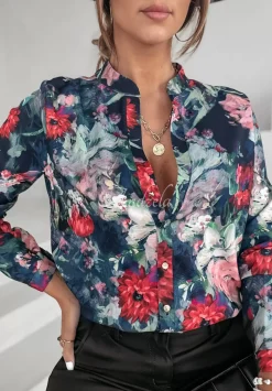 Kwiecista Koszula Ze Stojka Floral Gallery Granatowa