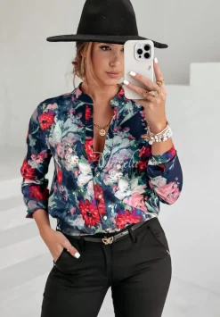 Kwiecista Koszula Ze Stojka Floral Gallery Granatowa