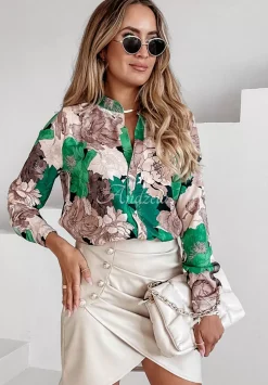 Kwiecista Koszula Ze Stojka Floral Designs Bezowo-Zielona