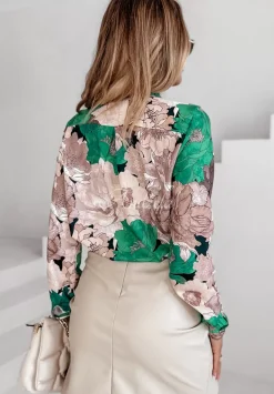 Kwiecista Koszula Ze Stojka Floral Designs Bezowo-Zielona